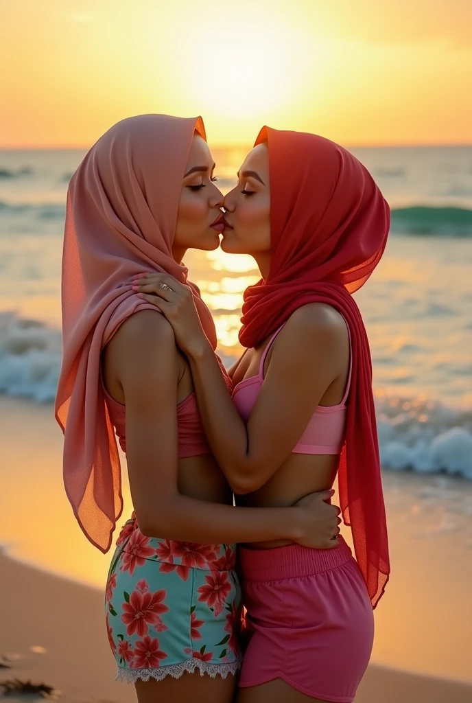 two indonesian hijab lesbian girl,wearing swimsuit,hugging,kissing,realistic,hd details,look to the viewer,beach background,