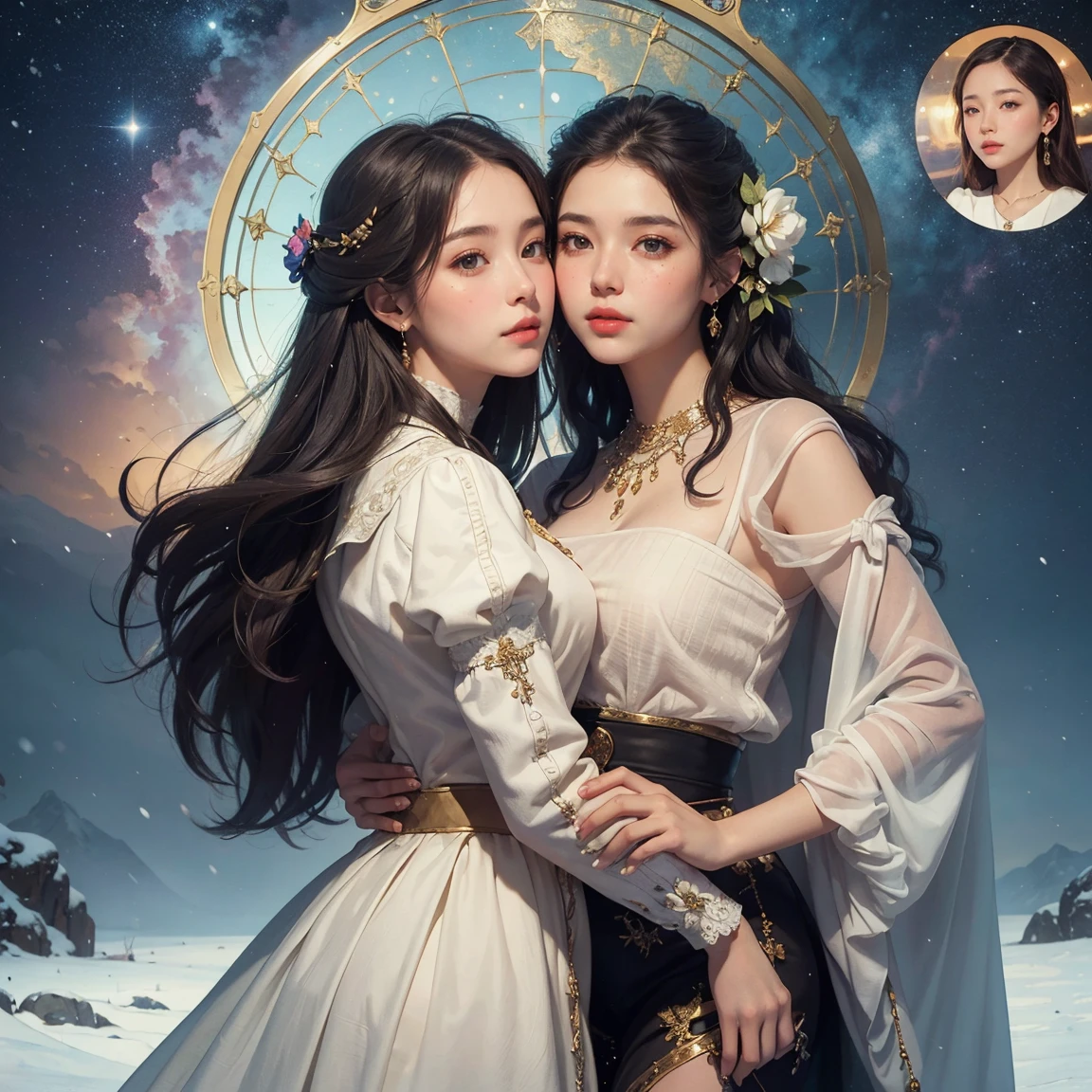 young woman, Olhar Telescope, (masterpiece), (HighestQuali), two girls is deeply in love with each other, kiss, Paint oil, Realistic oil painting, bust, clear details, high realism, clothing style of the era, (perfect anatomy), jewelry, flower, meteoric shower, snow, magnificent panorama view