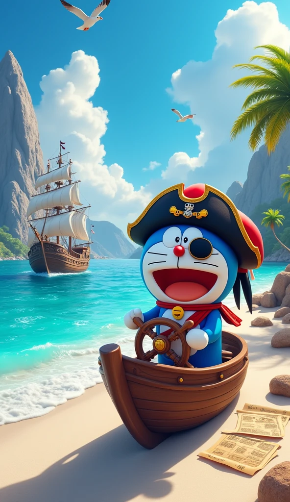 An image of Captain Doraemon wearing a pirate outfit on the sea . Doraemon is standing on the small ship, docked next to the white sand beach, The big ship is behind,Behind is a sharp 3d 4k mountain 