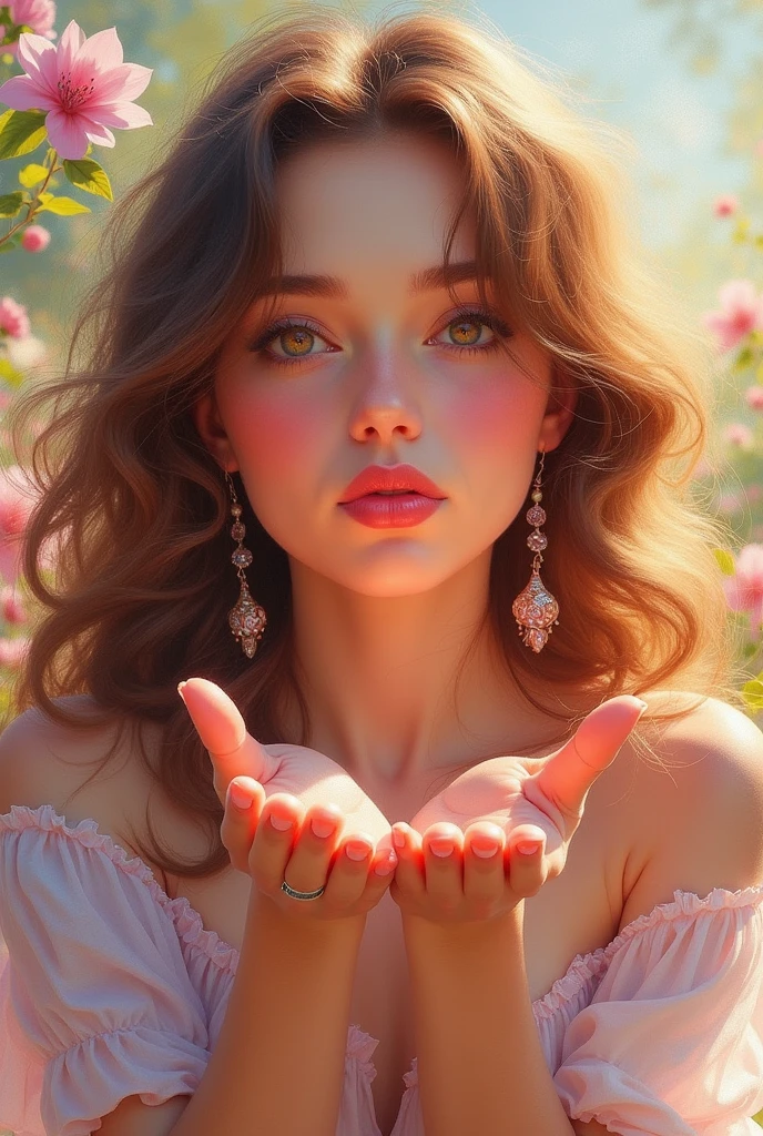 Woman blowing a kiss to the camera with a very close up of her mouth, in Impressionist style painting 