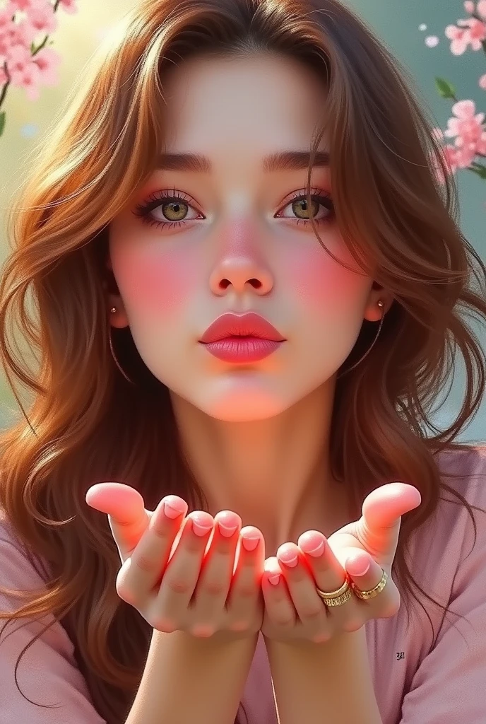 Woman blowing a kiss to the camera with a very close up of her mouth, in Impressionist style painting