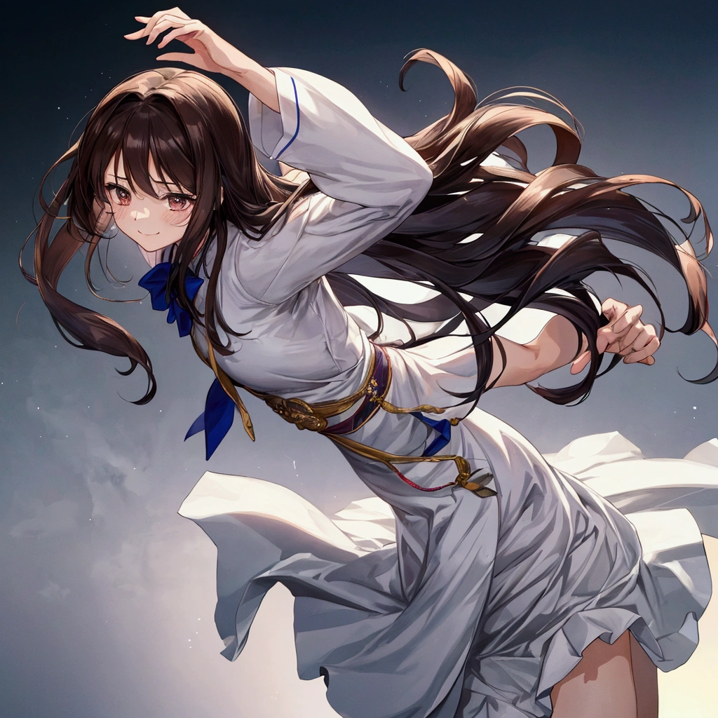 Her hair was long and dark brown, flowing down her back.、It&#39;s a bit distorted as it moves.。She wears a school uniform。beautifully、Her slightly smiling face is focused and quiet.、It expresses the passion and grace of dance.。The background is blurred、It gives a sense of movement、Her figure is outstanding、Captures the intensity and emotion of the dance。whole body。