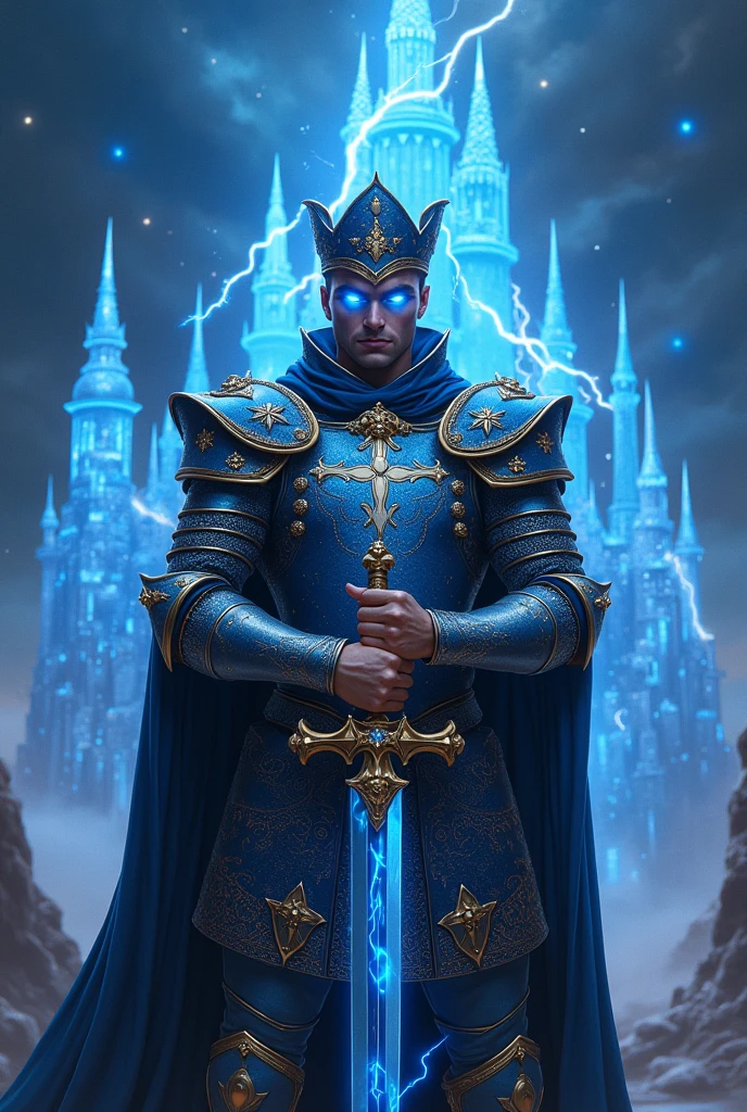 Man, using a galaxy strong sword, knighter cross suit, blue lightning knighter hat, blue lightning eyes, death smile, buff man, white skin, supreme blue lightning shield with cross icon, sky of galaxy, beside the flowing blue lightning castle