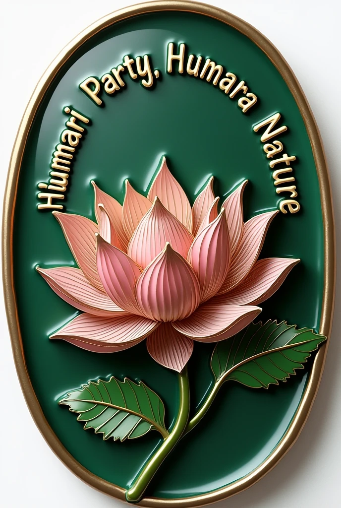 Generate brooch design of a political party name 'HPHN' mentioned on it, with slogan 'Humari Party Humara Nature', with lotus logo in centre