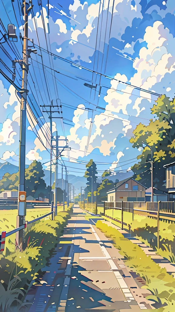 There is a painting of a road with wires and poles, anime countryside landscape, Anime background art, Anime landscape, Highly detailed illustration.”, anime style cityscape, Makoto Shinkai's style, anime backgrounds, Anime landscapes, in the style of makoto shinkai, drawn in anime painter studio, beautiful anime scenery, Anime landscape concept art, low details. Digital painting
