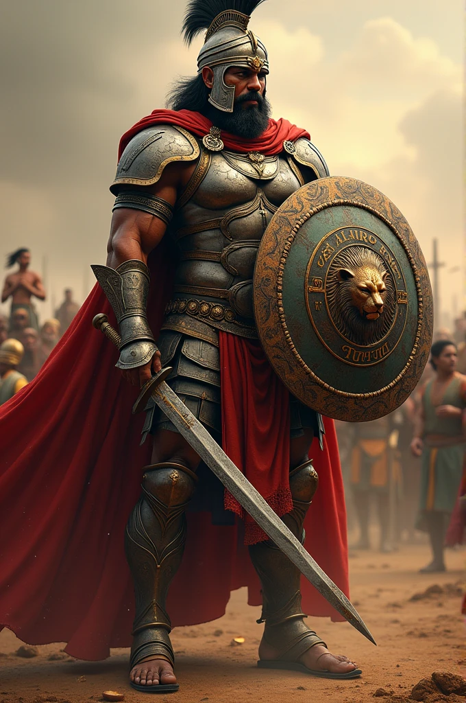 Indian warrior He has a Scar near his eye and a powerful body structure,he wears a Red cape(That has a  Aum in the middle)and a golden shoulder decoration with  a iron chain Armour with several 260 (iron)plates on the armour  some plates on shoulders hands and legs with a copper sheild and iron mixture sheild Aum in the middle and circle Then there is Written रकशक 
Then a large circle reaches have a sword in right hand and wearing helmet similar to alexander the great but have lion in the middle 