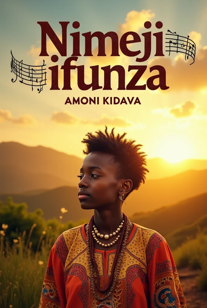 Generate music album cover including the song's name which is "Nimejifunza" and the artist's name which is "Amoni kidava" the song is about life lessons