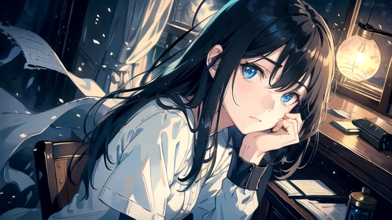 Create an illustration of black hair and blue eyes, sitting in a chair in front of a desk, Sentimental, Introspective look。, The moonlight gently shines into the room, Gently illuminate the space, Curtains sway in the wind, Increase tranquility, Dark mood, Emphasise the theme of loneliness, silence, And the depths of night, The room is dark、dimly lit by the moonlight