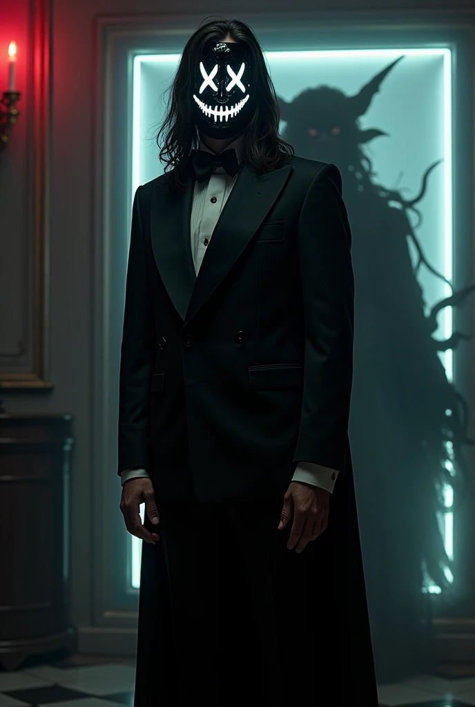Tall man in an elegant black suit, with a black mask with a big white smile and white cyclone-shaped eyes, Long hair, with a demonic, smiling being on its back in the form of a television static