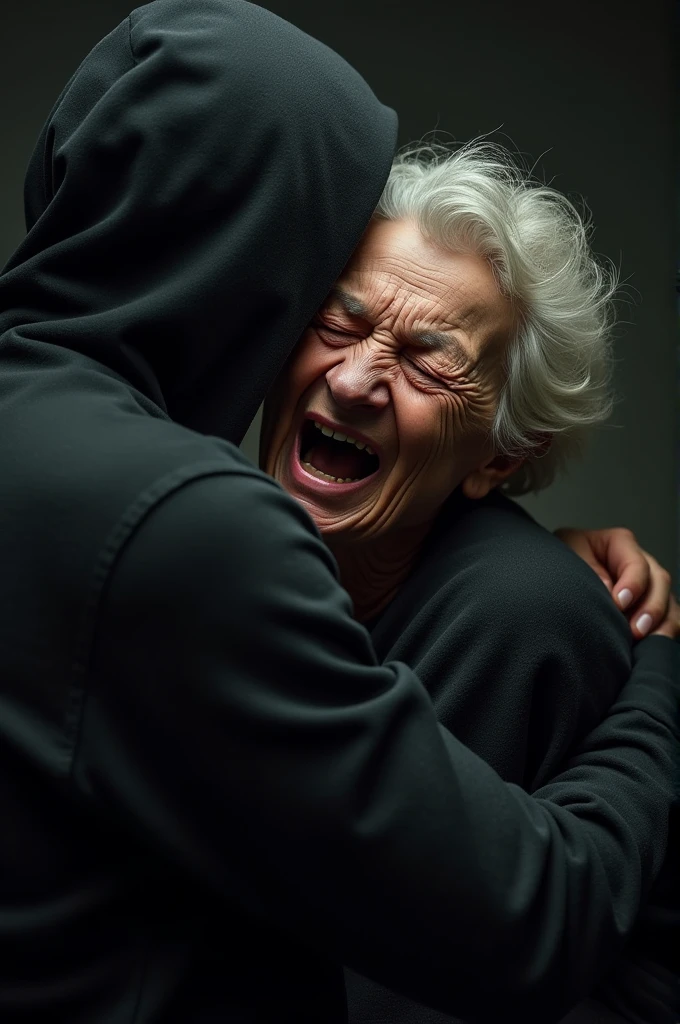 63-year-old woman screaming in pain being enveloped by a black figure