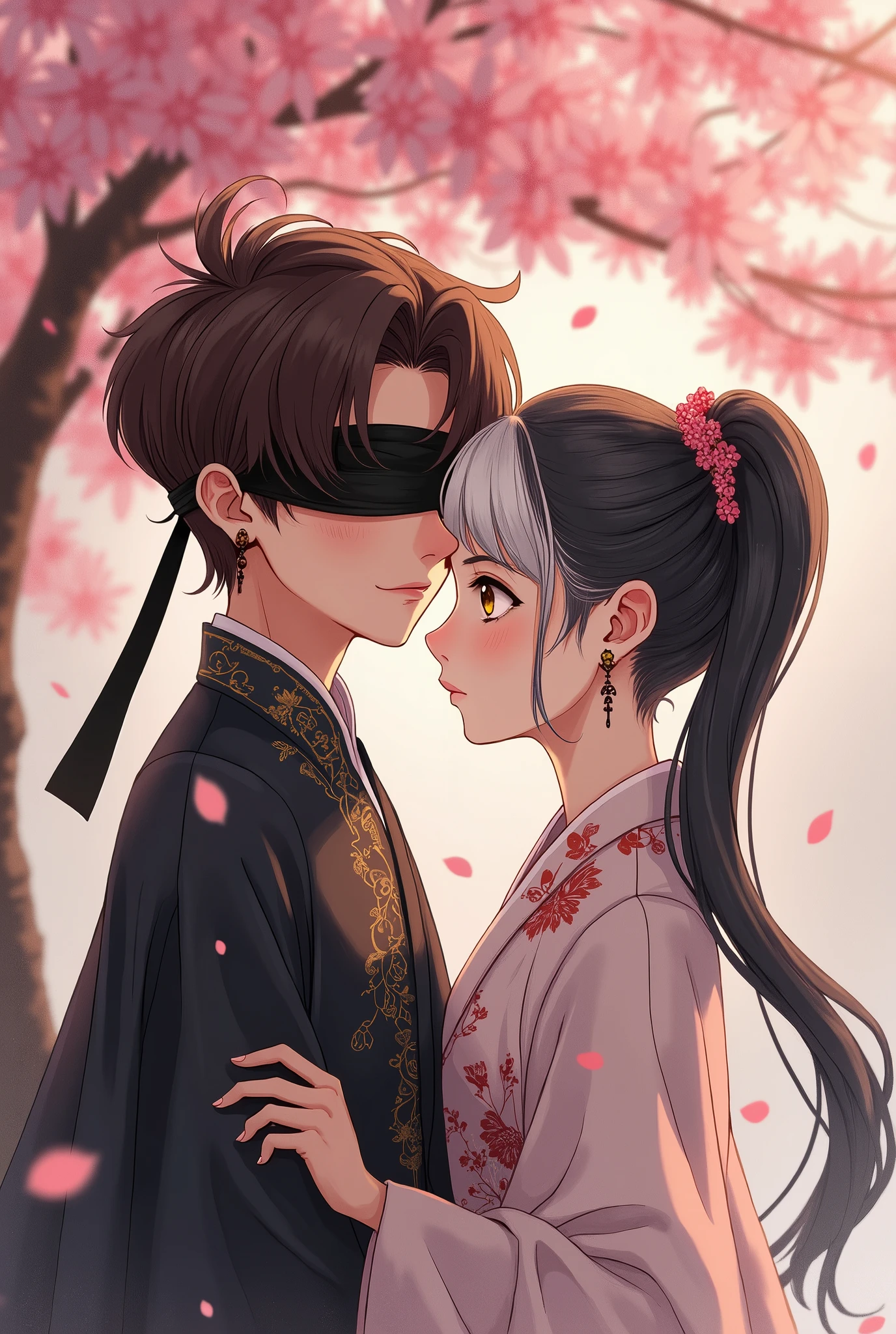 A man wearing a black blindfold, covering one eye, short brown hair, center-parted, brown eyes, wearing a Chinese dress, Chinese earrings, and a woman with long hair, one side black, one side white, twintails, left eye gray, right eye yellow, wearing a white cheongsam, both of them are teenagers, under the cherry tree.
