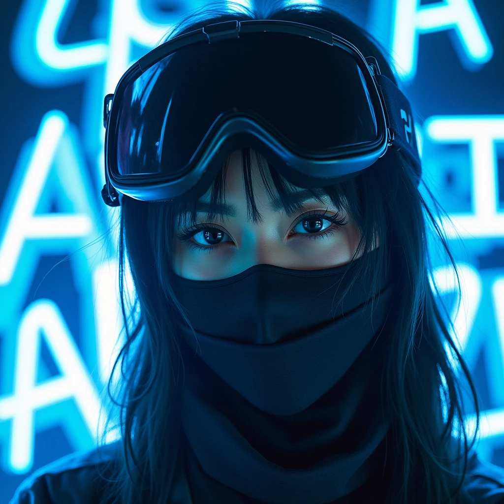 Woman 20 years old, asian, ski_mask, background with the letters AQUA, album cover