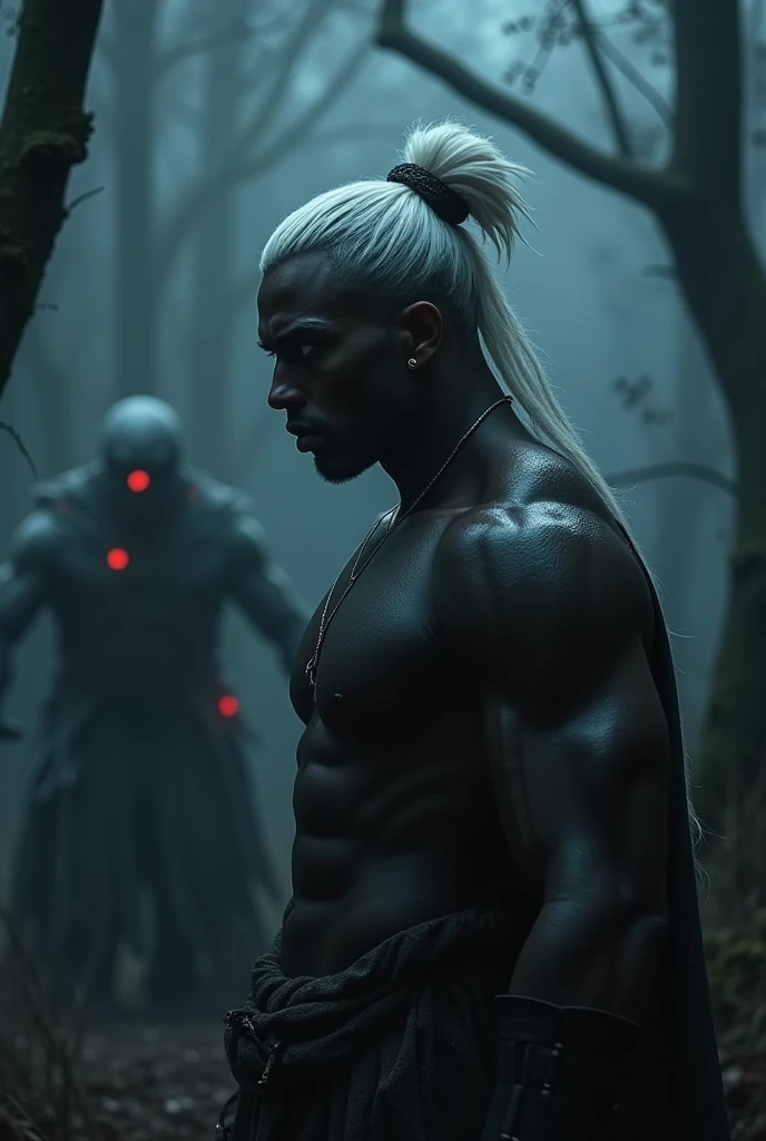 portrait of a fictional warrior. he has black shiny skin, platinum blonde hair that reaches down to his shoulders and the upper half is tied up in a manly bun. he has white eyebrows, white eyes and no beard. He wears a silver piercing ring in the middle of his lower lip and a matching dangling earring on one side of his ears. he is muscular and attractive, (8K, 16K, Award Winning, Top Quality, Highest Resolution, Super Detail, Highly Detailed, Anatomically Correct, Maste Pieces, Amazing Beauty, Beautifully Detailed, Ultra Detailed), Horror Movies, (Wall Devil's eyes peeking through a narrow gap: 1.4), eyes that glow red and black, devil's eyes resemble animal eyes, only the eyes can be seen in the dark, sharp eyes that glow in the dark, fisheye lens, eerie atmosphere, Fear of the Unknown, Complete Darkness, (Beautiful: 1.2), Dreamlike Art, Super Detailed Photo Realism by Greg Rutkowski, (Film Gray: 1), Sharp Focus, Contrast, Intricate Details, Air Glow, Refraction Lighting, Unreal Engine 5, Concept Photos, Octane Rendering, CGsociety Trends, Color Smoke, Crazy Details, Fantasy Details,A chilling horror book cover, set against a backdrop of a dark, misty forest at night, features a terrified young man in the foreground. His face is pale and sweaty, illuminated by a harsh, cold light that casts eerie shadows. The man stares directly at the viewer with wide, fear-filled eyes, their whites showing in contrast to the deep, haunting black of his irises. He's wearing a tattered, blood-stained white shirt, the fabric clinging to his trembling frame.
Looming behind him is a nightmarish monster, partially obscured by the shadows. The creature has multiple glowing red eyes, their intensity matching the man
