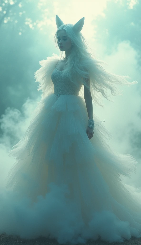 Mysterious fog, Clothing Made of Mist, Holographic Internal Reflections, Diffusion of Fine Shine, The Enchanting Fusion of the Fox and Feminine Aesthetics, Wear Magical Fog as a Costume, Mysterious fogの質感の服, Absurd aesthetics, 前面をMysterious fogで覆う, Semi-Transparent Full Color Silhouette, Layer a Thick Layer of Fog in Front of the Subject, Subject Cloaked in Fog, The Ultimate Enigma、Watercolor