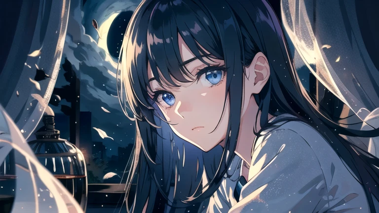 Create an illustration of black hair and blue eyes, sitting in a chair in front of a desk, Sentimental, Introspective look。, The moonlight gently shines into the room, Gently illuminate the space, Curtains sway in the wind, Increase tranquility, Dark mood, Emphasise the theme of loneliness, silence, And the depths of night, The room is dark、dimly lit by the moonlight