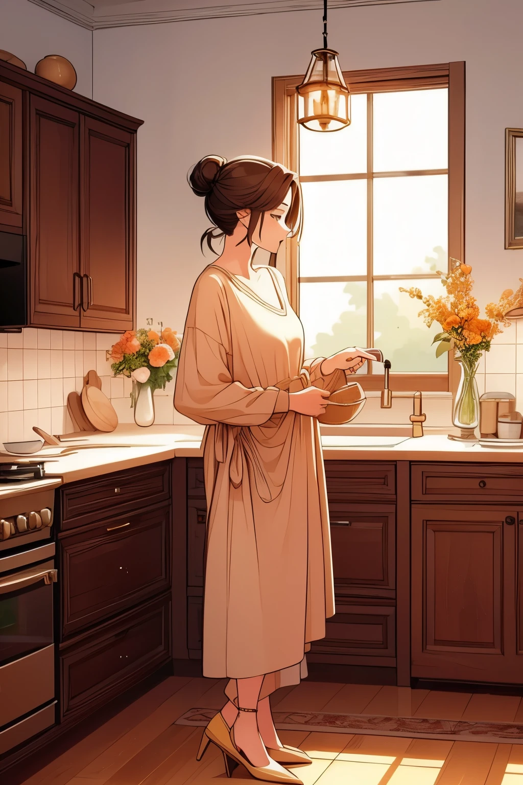 Create an anime-style image of a middle-aged woman with her hair tied in a bun, cooking in a cozy, modern kitchen. The scene should depict her in a full-body side profile as she gently stirs a pot on the stove. The kitchen has a clean and simple design, with normal cabinets, shelves, and a basket of fresh oranges on the counter. Soft, golden sunlight streams through a large window, creating a peaceful and serene atmosphere."