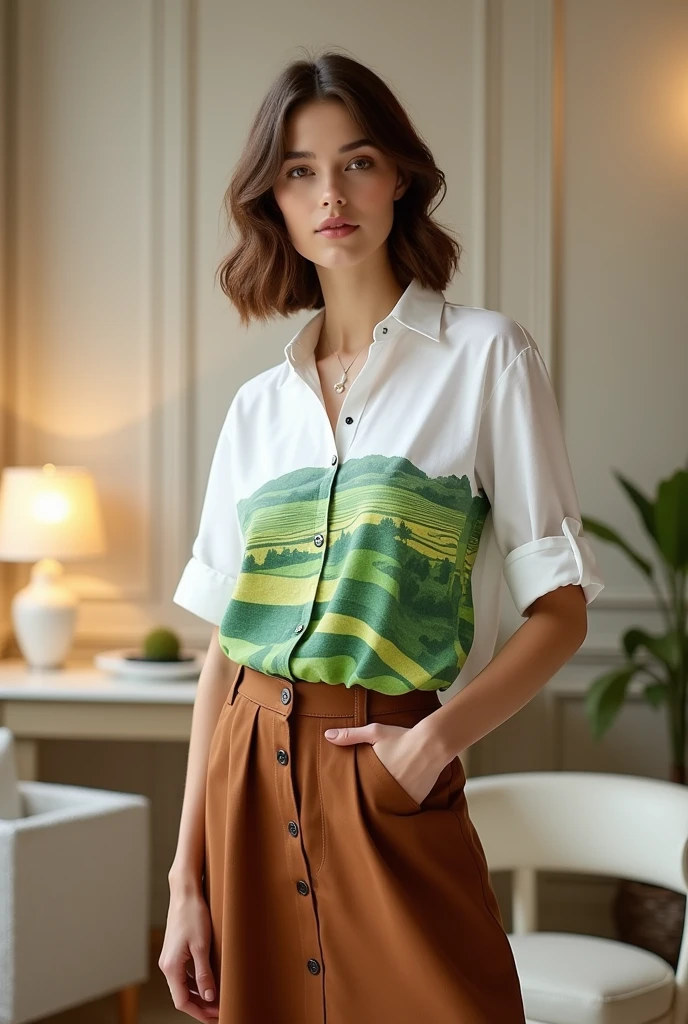 8k image of the model wearing a white cotton shirt with an impressive watercolor image of terraced fields printed on the body. brown stand-up skirt. Luxurious elegant style. Background with rice white walls, chairs, lamps