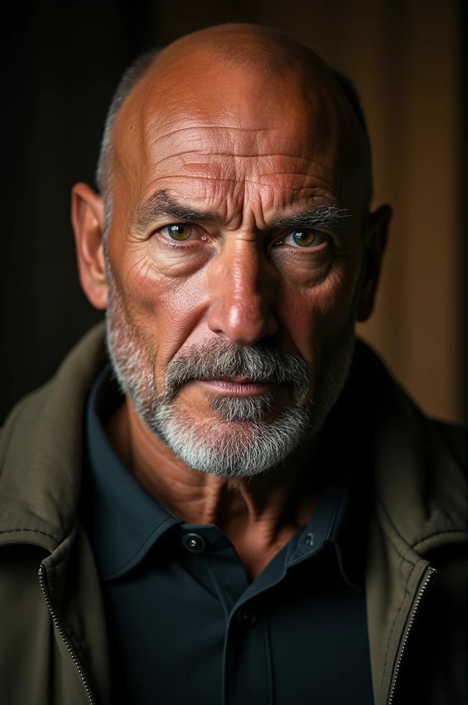 Headshot of stronger old bald guy that have left brown eye and right Grey eye