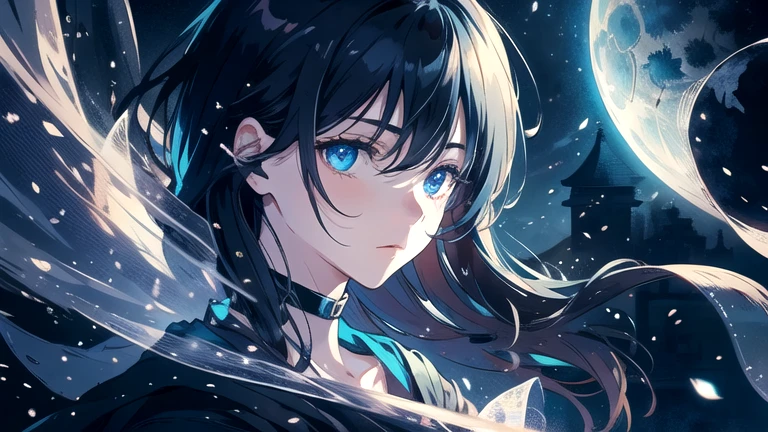 Create an illustration of black hair and blue eyes, sitting in a chair in front of a desk, Sentimental, Introspective look。, The moonlight gently shines into the room, Gently illuminate the space, Curtains sway in the wind, Increase tranquility, Dark mood, Emphasise the theme of loneliness, silence, And the depths of night, The room is dark、dimly lit by the moonlight
