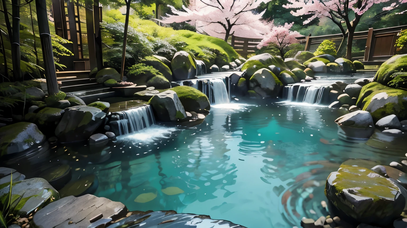 A serene and picturesque Japanese hot spring (onsen) set in a tranquil, forested area, where Takeda Shingen is depicted relaxing in the steaming waters. The hot spring is surrounded by lush greenery, including tall bamboo and cherry blossom trees, with petals gently falling into the water. Shingen is partially submerged, with a contented smile on his face, his eyes closed as he enjoys the warmth and peace of the onsen. The scene is illuminated by soft, natural light filtering through the trees, creating dappled shadows on the water's surface. The surrounding rocks and wooden bath structures add to the traditional feel of the scene. The color palette includes soft pinks, greens, and warm earth tones, evoking a sense of relaxation and harmony with nature.