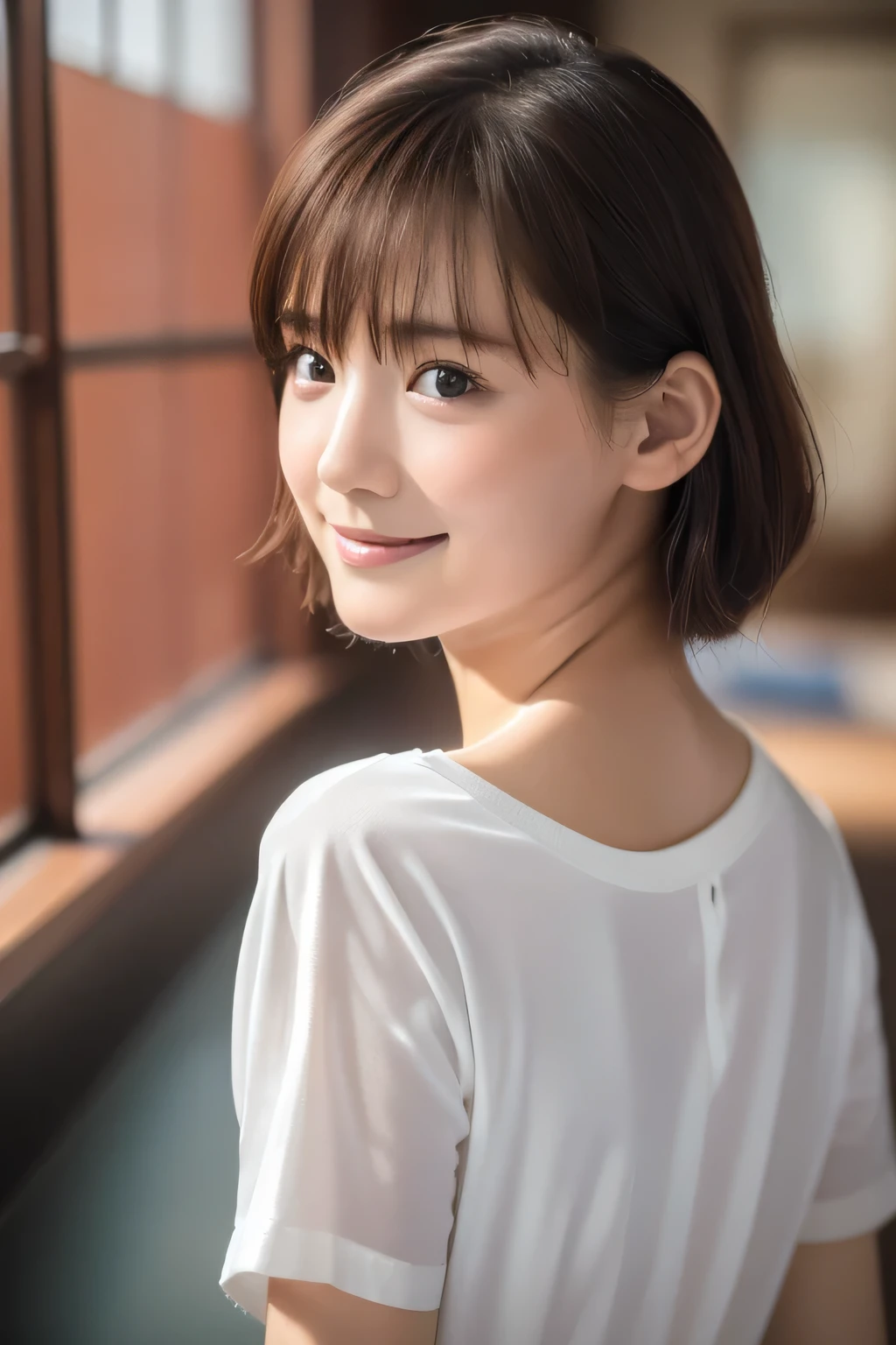 beautiful girl, (:1.2), (Highest quality:1.4), (Very detailed), (Very detailed美しい顔), White T-shirt, Great face and eyes, iris, Medium Hair, (Skinny body type:1.3), (Flat Chest:1.3), (smile), Smooth, Very detailed CG synthesis 8k wallpaper, High-resolution RAW color photos, Professional photography, Light, BackLight, dream-like, impressive, Written boundary depth, Washroom, (Face close-up:1.3), (Photographed from the front:1.3)