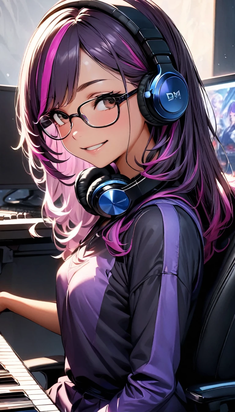 (highest quality:1.2, Very detailed, up to date, Vibrant, Ultra-high resolution, High Contrast, masterpiece:1.2, highest quality, Best aesthetics), Portraiture、girl, 25-years-old:1, Bright colors、Beautiful fine details、Beautiful lip detail, long hair、black and purple ((streaked hair:1.6)), highlights hair: 1.5, brown eyes, ((slim body:1.4)), (small breast:0.7), (dark skin:0.5), purple mini dress, ((wear headphone:1)), glasses:1, music composer, DTM, playing music keyboard on the desk, sitting gaming chair, smile:1, side shot, (cowboy shot:1.1), (PC Displays on the side), upper body