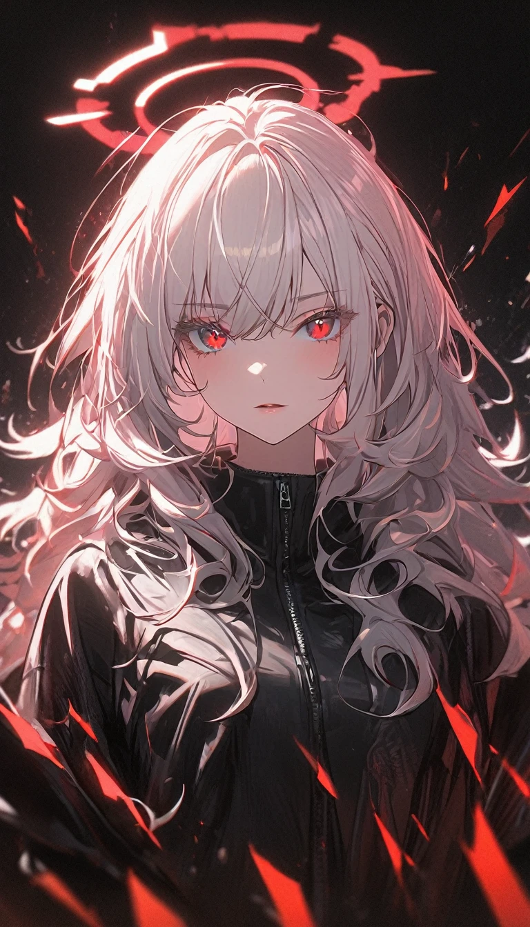 1girl, white hair, wild hair, red eyes, (white eyelashes:1.2), emotionless, red glow halo, (chromatic aberration:1.2), solo, digital dissolve, black bodysuit, 20 years old, mature, arrogant expression, black background, look at viewer 