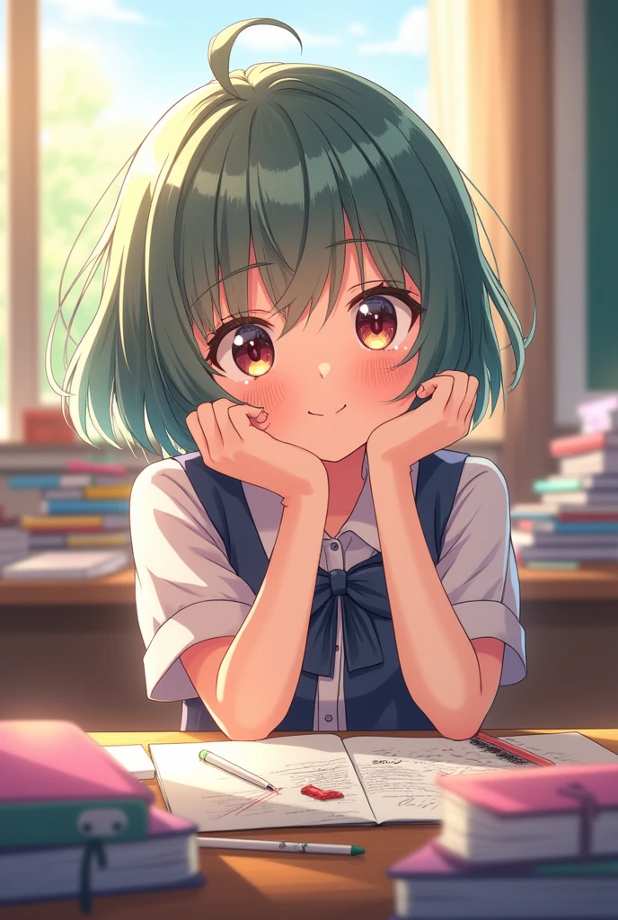 An anime-style female student character with glass short hair sitting next to me or sharing the same desk, looking at me with her hand touching her cheek, and smiling sweetly and cutely."

This description can be used as a prompt for creating a clear 4K quality AI-generated image.