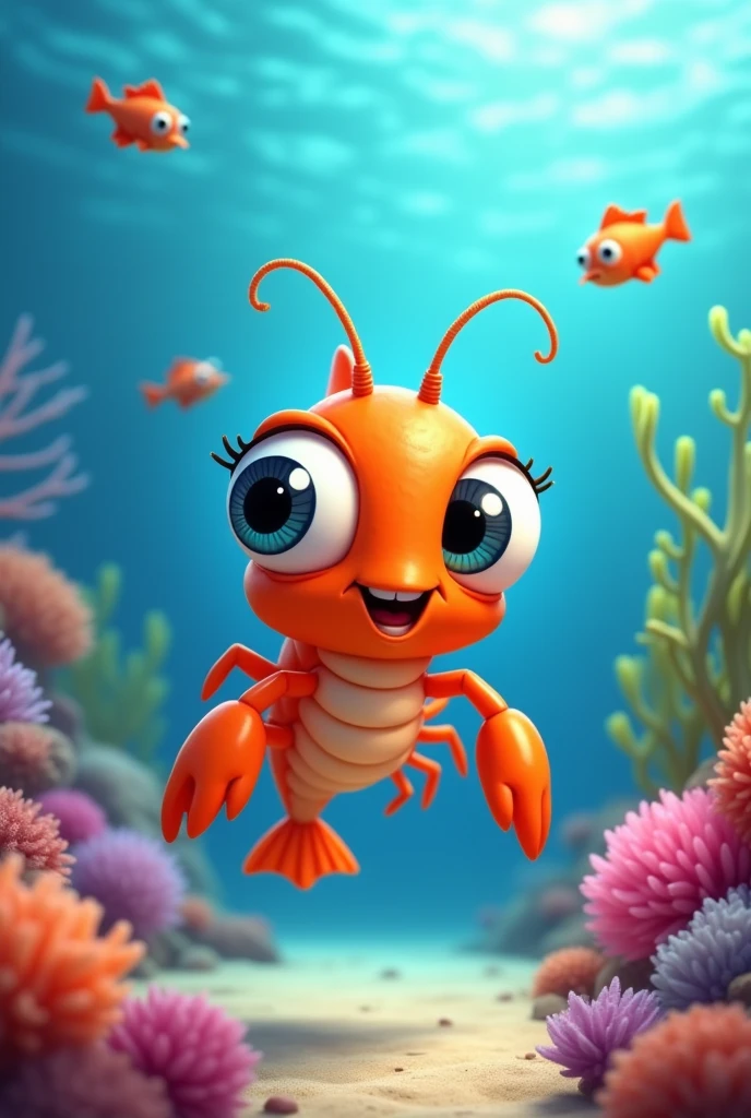 One orange, cute shrimp cartoon character that looks delicious