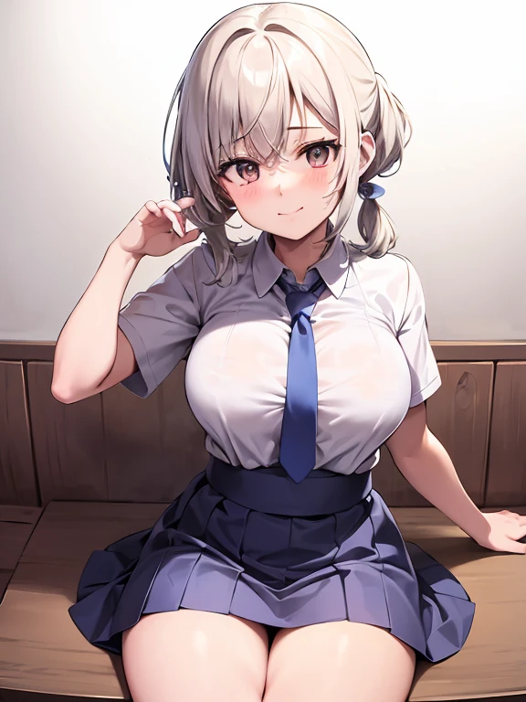 masterpiece, best quality, ultra-detailed, illustration,1girl, Short white hair in pigtails, White school shirt, short sleeves, Light blue tie, light blue short skirt, blush, big breasts, Big thigh, Look to the Lower, simple background, solo, very sexy, Holding money in his hand, shy expression, cute, white background, Smiling cutely, Sitting pose