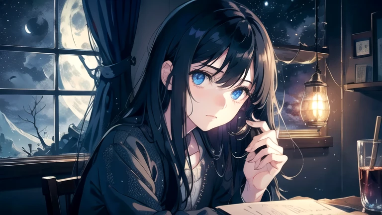 Create an illustration of black hair and blue eyes, sitting in a chair in front of a desk, Sentimental, Introspective look。, The moonlight gently shines into the room, Gently illuminate the space, Curtains sway in the wind, Increase tranquility, Dark mood, Emphasise the theme of loneliness, silence, And the depths of night, The room is dark、dimly lit by the moonlight