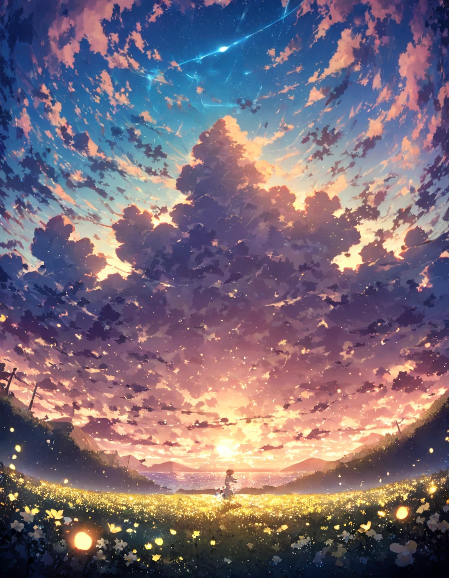 blue sky,Reflecting ocean、Sunlit clouds、 ((Sea of firefly flowers))、Firefly flowers bloom、((A field of firefly flowers across the entire landscape))、(Many firefly flowers:1.5)、Nobody is here、(((There is no one)))、 Humans disappear、Vast landscape photography , (((Landscape only))), holding a fae wand、Fireflies are flying around. The background features cloud flowers of various sizes.., dream-like, 青い色調のdream-like雰囲気. High definition anime style, High resolution, Capturing the vastness of nature. Soft lighting creates a warm atmosphere.(Glowing lights, Atmospheric lighting), dream-like, Magic,horizon、
