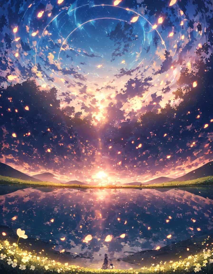 blue sky,Reflecting ocean、Sunlit clouds、 ((Sea of firefly flowers))、Firefly flowers bloom、((A field of firefly flowers across the entire landscape))、(Many firefly flowers:1.5)、Nobody is here、(((There is no one)))、 Humans disappear、Vast landscape photography , (((Landscape only))), holding a fae wand、Fireflies are flying around. The background features cloud flowers of various sizes.., dream-like, 青い色調のdream-like雰囲気. High definition anime style, High resolution, Capturing the vastness of nature. Soft lighting creates a warm atmosphere.(Glowing lights, Atmospheric lighting), dream-like, Magic,horizon、