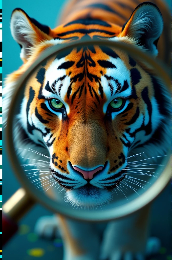 Tiger face and animal cell inside a magnifying glass