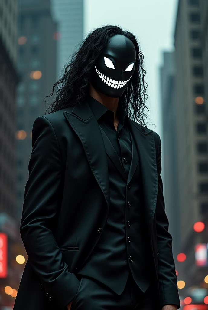Tall man in an elegant black suit, with a black mask with a big white smile and white cyclone-shaped eyes, Long hair, with a demonic, smiling being on its back in the form of a television static