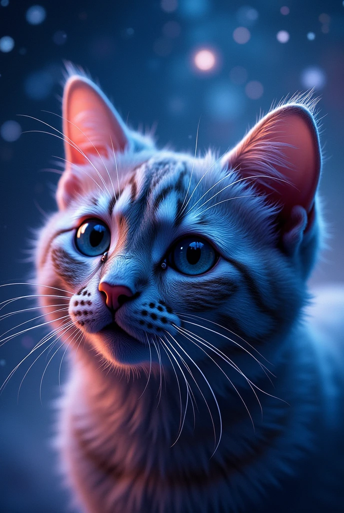 Close-up of a cat face, outer space in the background (stars and galaxies shining beautifully), space cat, large "!?" on the screen is written in large letters on the screen,