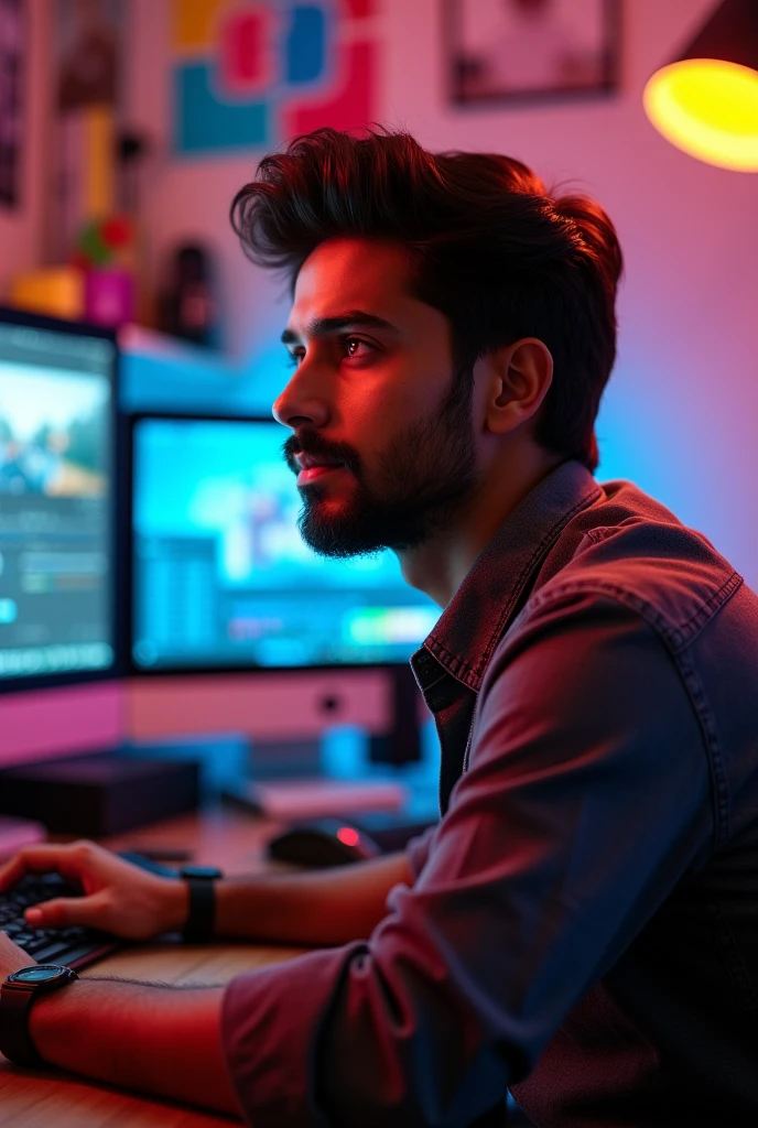 Chocolate color a boy him video editor age between 19, his dressing shirt,his beard medium drummer,his use airpots. His hair style like Hiruthikroshan