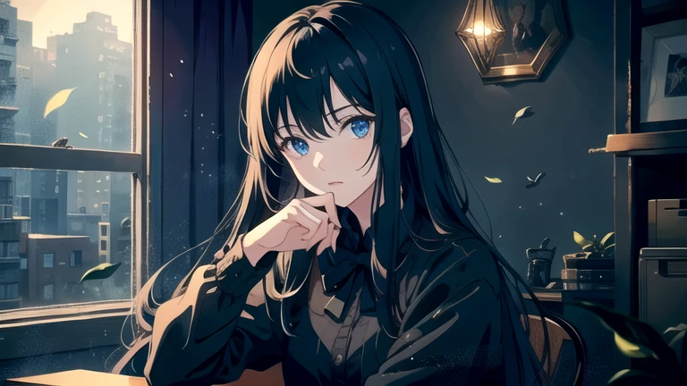 Create an illustration of black hair and blue eyes, sitting in a chair in front of a desk, Sentimental, Introspective look。, The moonlight gently shines into the room, Gently illuminate the space, Curtains sway in the wind, Increase tranquility, Dark mood, Emphasise the theme of loneliness, silence, And the depths of night, The room is dark、dimly lit by the moonlight