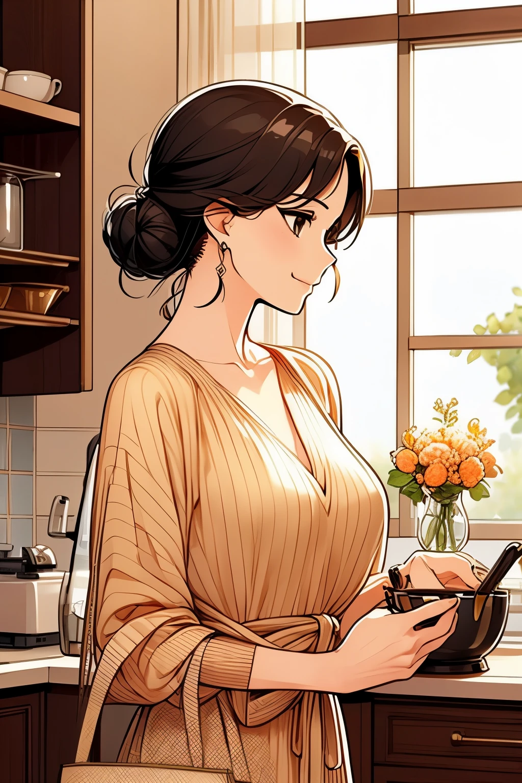 Create an anime-style image of a middle-aged woman with her hair tied in a bun, cooking in a cozy, modern kitchen. The scene should depict her in a full-body side profile as she gently stirs a pot on the stove. The kitchen has a clean and simple design, with normal cabinets, shelves, and a basket of fresh oranges on the counter. Soft, golden sunlight streams through a large window, creating a peaceful and serene atmosphere."