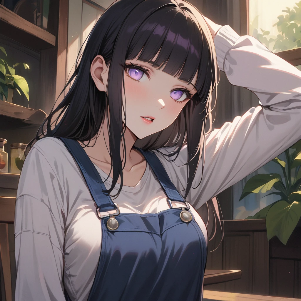 /niji 1girl, overalls, solo, hyuuga hinata, long hair, bangs, black hair, looking at viewer, long sleeves, blunt bangs, braid, parted lips, shirt, white shirt, indoors, blue overalls, white eyes, collarbone, arm up, hidden leaf headband, rebon, lips, purple eyes