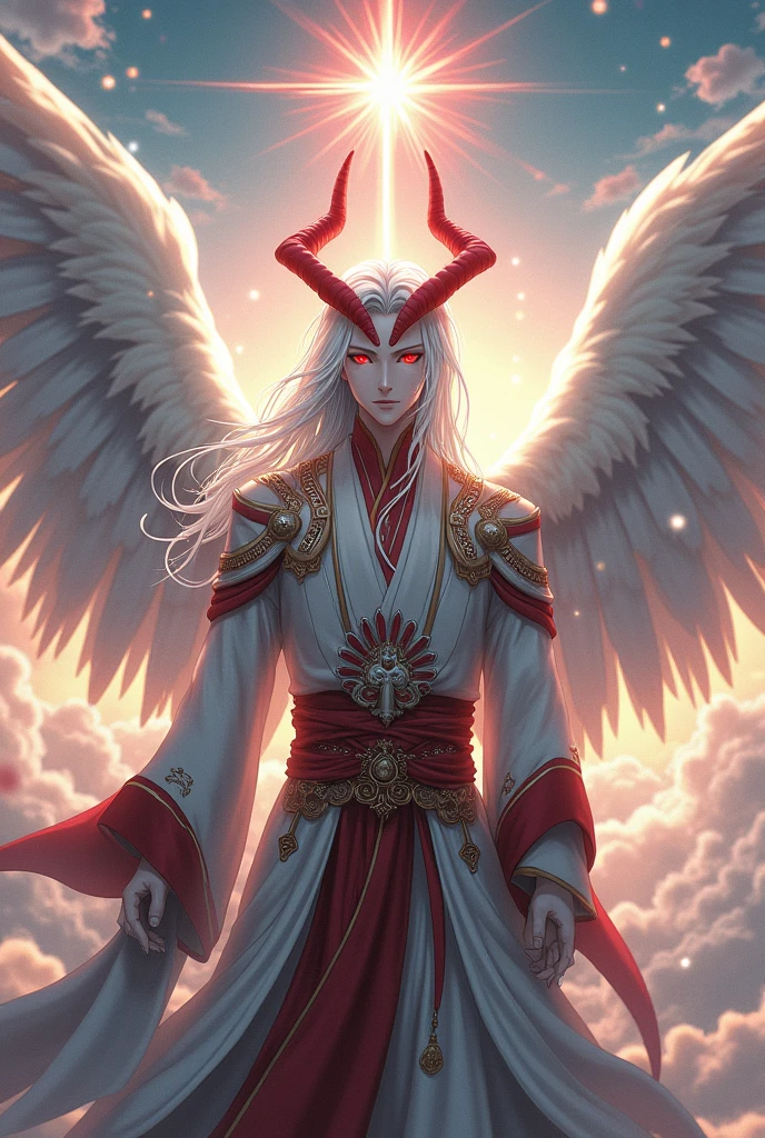Anime like Irdrasses Samael with purest white hair and purest Luminous red eyes and hia true form is described as having two pure large Crimson horns on his forehead, a grey-red star halo on his head, and six Magnificent Purest white wings on his back. He is a Male and Is Wearing Shinto-Chinese imperial like clothes adorned with gold and Platinum