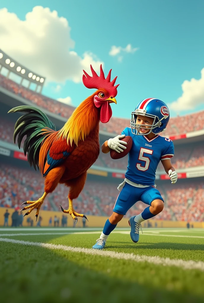 Rooster elbows football player 