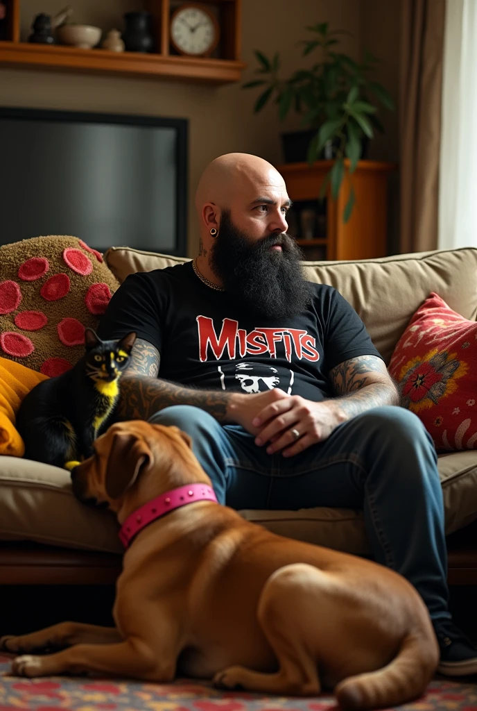 strong man, offwhite, bald with a short black beard and glasses. Gold hoop earrings and a black Misfits band shirt. Sitting on a sofa watching TV with a black and yellow scaly cat sleeping beside me and a large brown labrador dog with a pink collar sleeping at my feet
