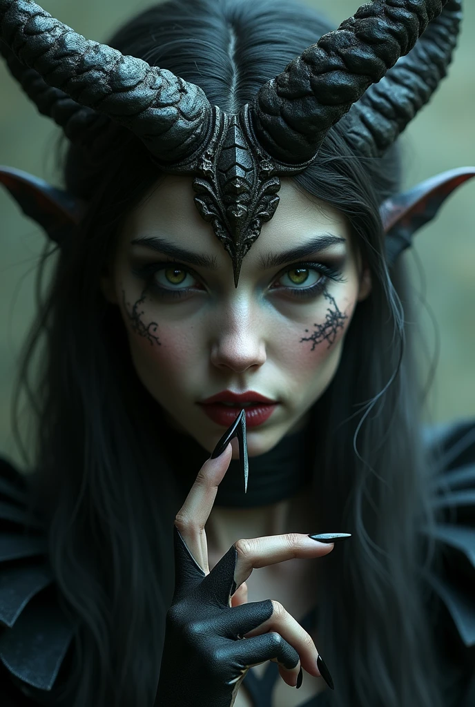 a sexy monster girl, beautiful detailed eyes, beautiful detailed lips, extremely detailed face and skin, horns, sharp fangs, long claws, dark fantasy, ethereal, mysterious, alluring, glowing eyes, chiaroscuro lighting, dramatic shadows, muted color palette, (best quality,4k,8k,highres,masterpiece:1.2),ultra-detailed,(realistic,photorealistic,photo-realistic:1.37),concept art