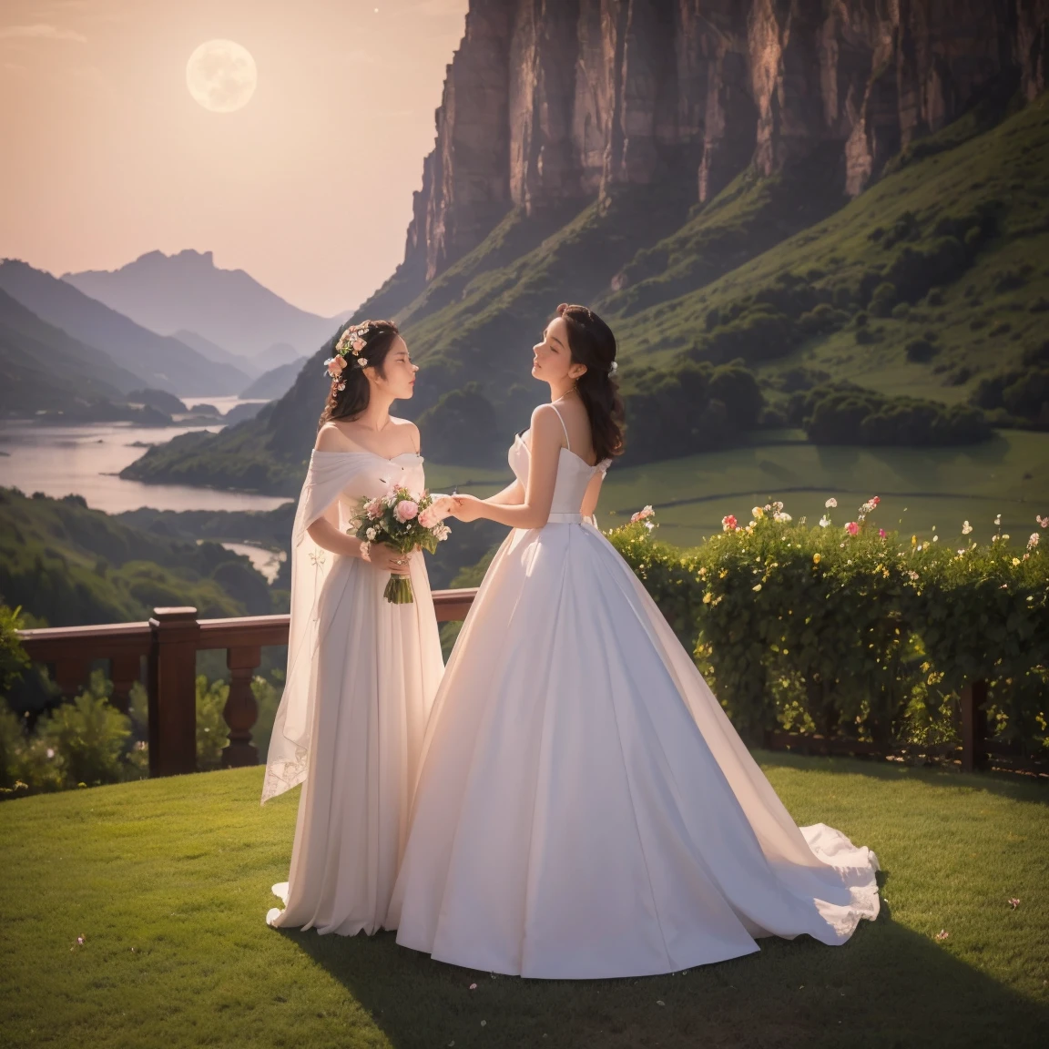(masterpiece, highest quality, official art, beauty and aesthetic:1.5), two women is deeply in love with each other, kiss, romantic atmosphere, flower and moon, meteoric shower, magnificent panorama view