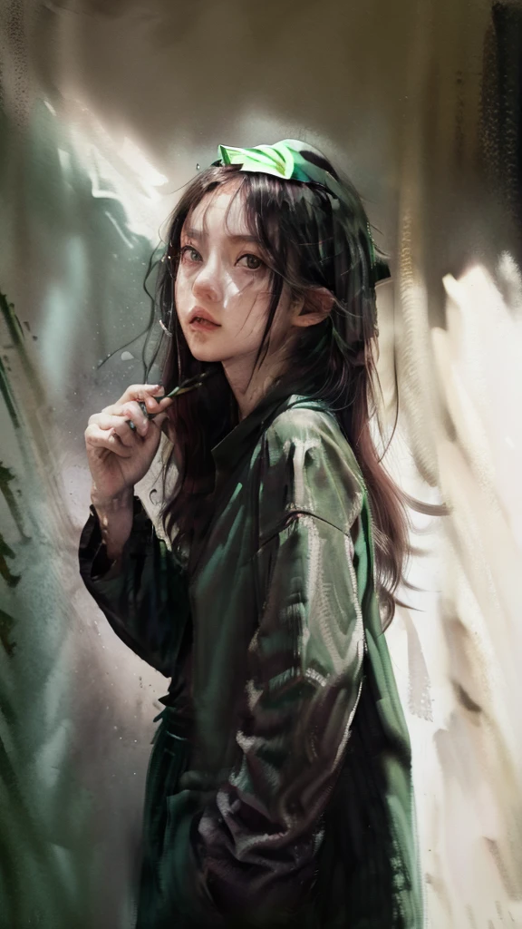 Yandere slender white girl with long red hair and green eyes ((black eye makeup with eyeliner and eye pencil))Threatening look she is standing leaning against a wall holding a knife near her face black lipstick on her lips with a threatening look she wears a green jumpsuit over a black shirt and a black skirt with green borders she wears a black bow on her head the environment is a room.