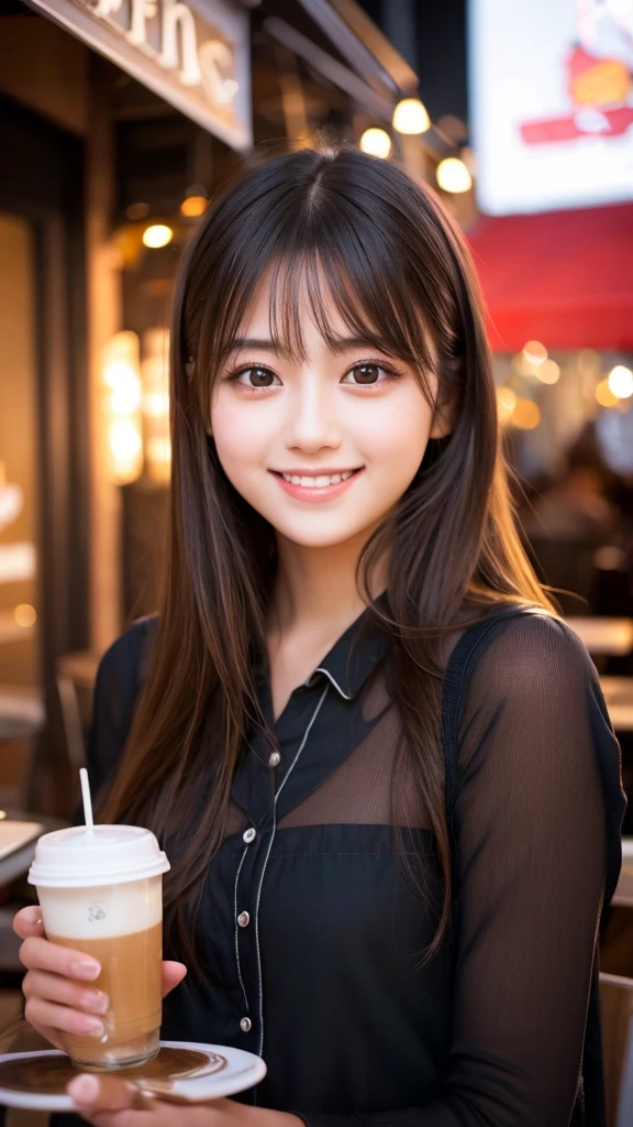 Cute girl working at a cafe terrace　Japanese　１９age　
Professional Lighting　Digital SLR　Beautiful and elaborate face　Perfect and beautiful face　Big eyes Smile