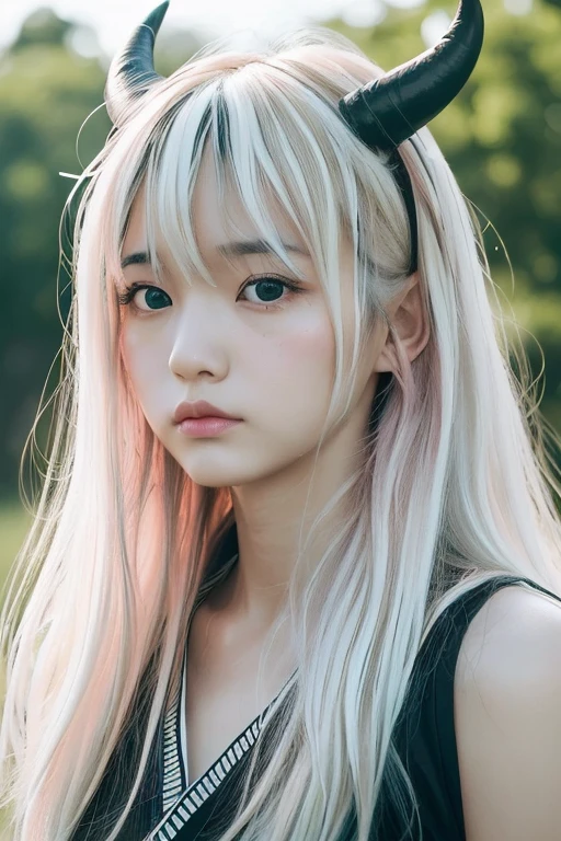 (((master peace))), ((photo realistic:1.55)), (Japanese Girl), , ((cute young girl)), (broad jawline:1.5), puffy face, (fantasy:1.2), very light brown hair, Very light pink hair,Very light blue-green hair,Very long hair,(messy hair:1.5), Frowning,(demon horns), (Black and white:1.2)
