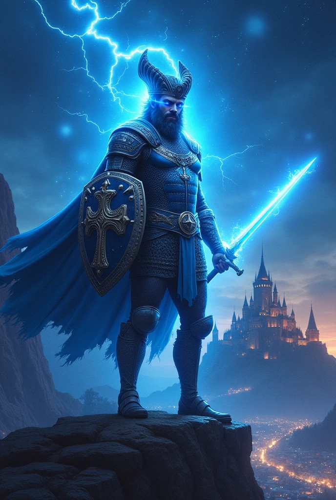 Man, using a galaxy strong egypt sword, knighter cross suit, blue lightning knighter hat, blue lightning eyes, death smile, buff man, white skin, supreme blue lightning shield with cross icon, sky of galaxy, beside the flowing blue lightning castle, on the mountain with an village