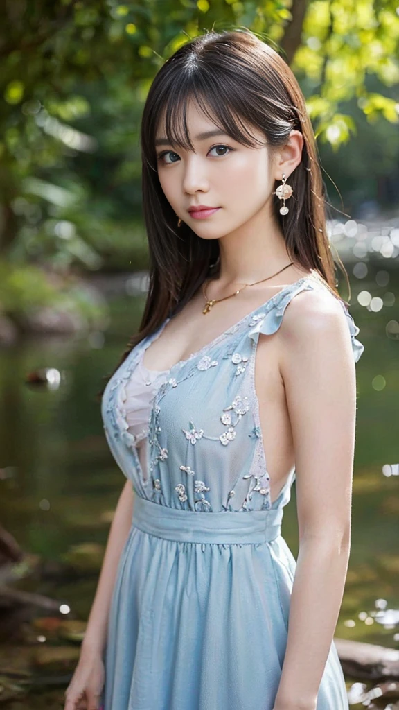 Fantasy atmosphere photo、A Japanese woman wearing a cute dress、In the forest where the stream flows、、Detailed photo quality、(32hair,High resolution,Attention to detail,High resolution,high density,alone,In addition:1.3),(Realisticな人々,Live Action,fine grain,High resolutionの目,Beautiful Eyes,Eyes that look alive,Beautiful dark blue eyes,Fishing eyes,Detailed lips,Translucent white skin,Realistic face in every detail:1.3),(Japanese Ido,hairorean Idols,Japanese Model,hairorean models,hairorean hair-Pop Female Idols:1.2),(blush,Natural Makeup,necklace,Earrings,へそEarrings:1.4)Beautiful casual look:1.6),(Shapely breasts:1.5),(Young but very beautiful hairorean16 years old ,Fashion Leader,Fashion Model,Soft Skin,Unforgettable Eyes,Her eyes are so beautiful,I want to go to the Paris Collection.........,Cutting-edge fashion:1.6),(Please show me your whole body,Showing off full-body fashion,Stylish blue eyes:1.7)(Random Trend Fashion:2.0)smile、Angel'のsmile、1 person, Very beautiful Japanese idol portraits,
(RAW Photos, Highest quality), (Realistic, Realistic:1.4), (masterpiece),
Very delicate and beautiful, Very detailed, 4K wallpaper, wonderful, finely, Very detailed CG Unity 8K 壁紙, Very detailed, High resolution, Soft Light,